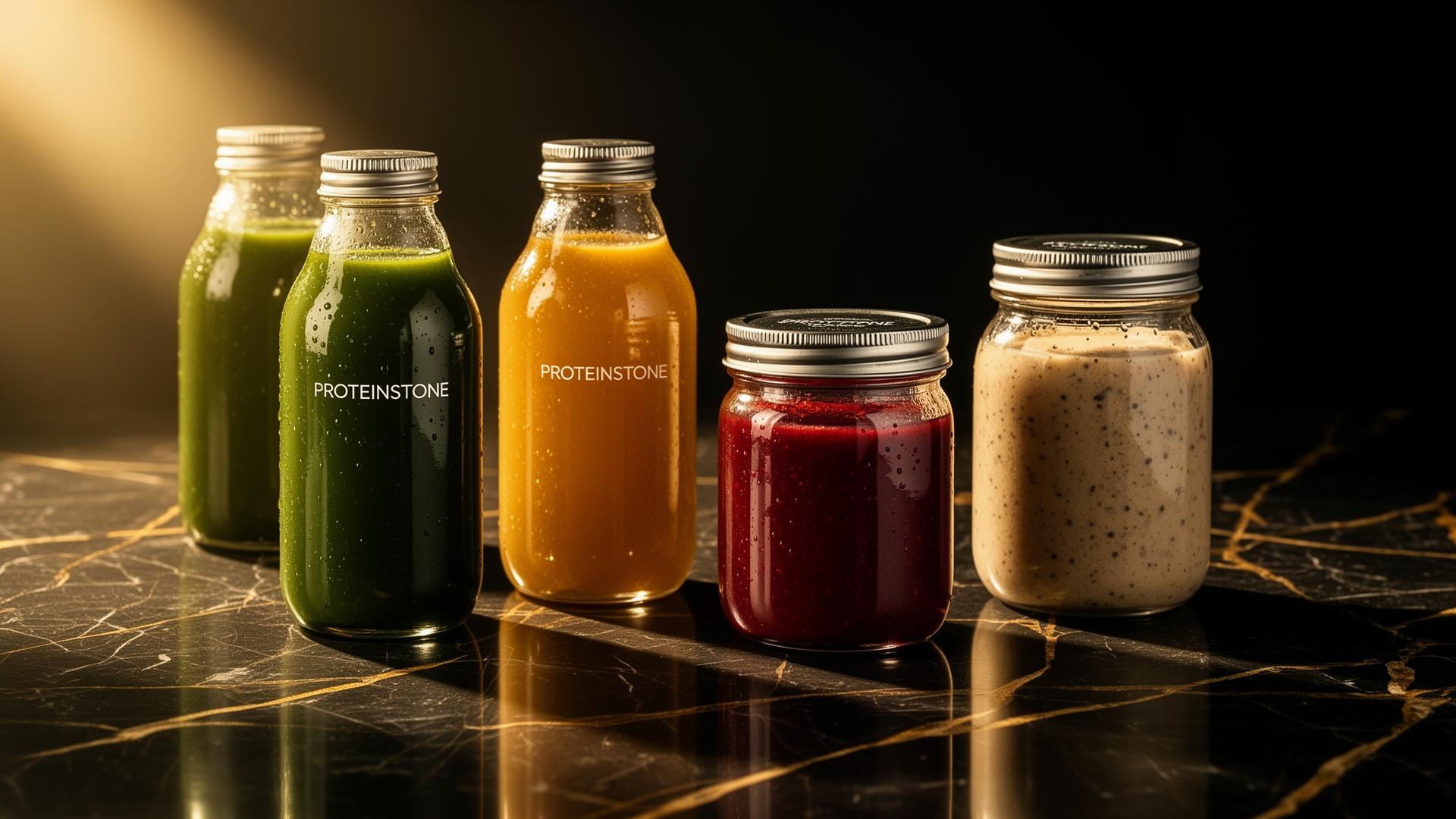 PROTEINSTONE glass bottles and jars on black marble