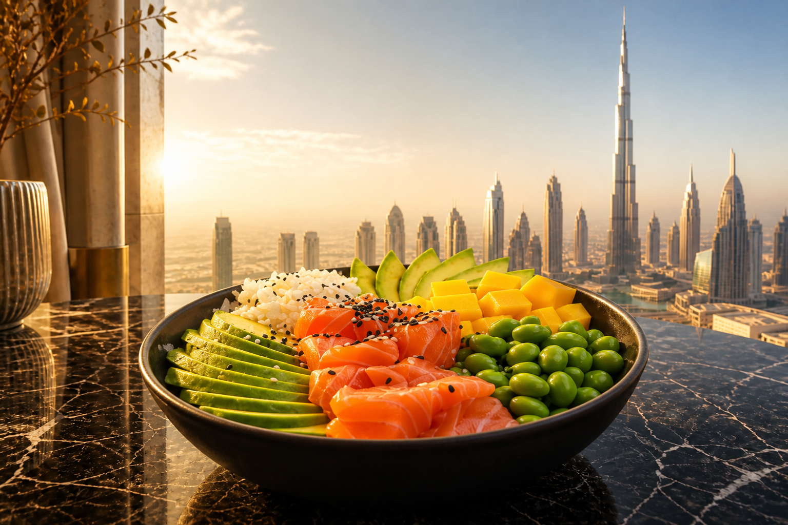 Signature PROTEINSTONE bowl overlooking the Burj Khalifa and Dubai skyline